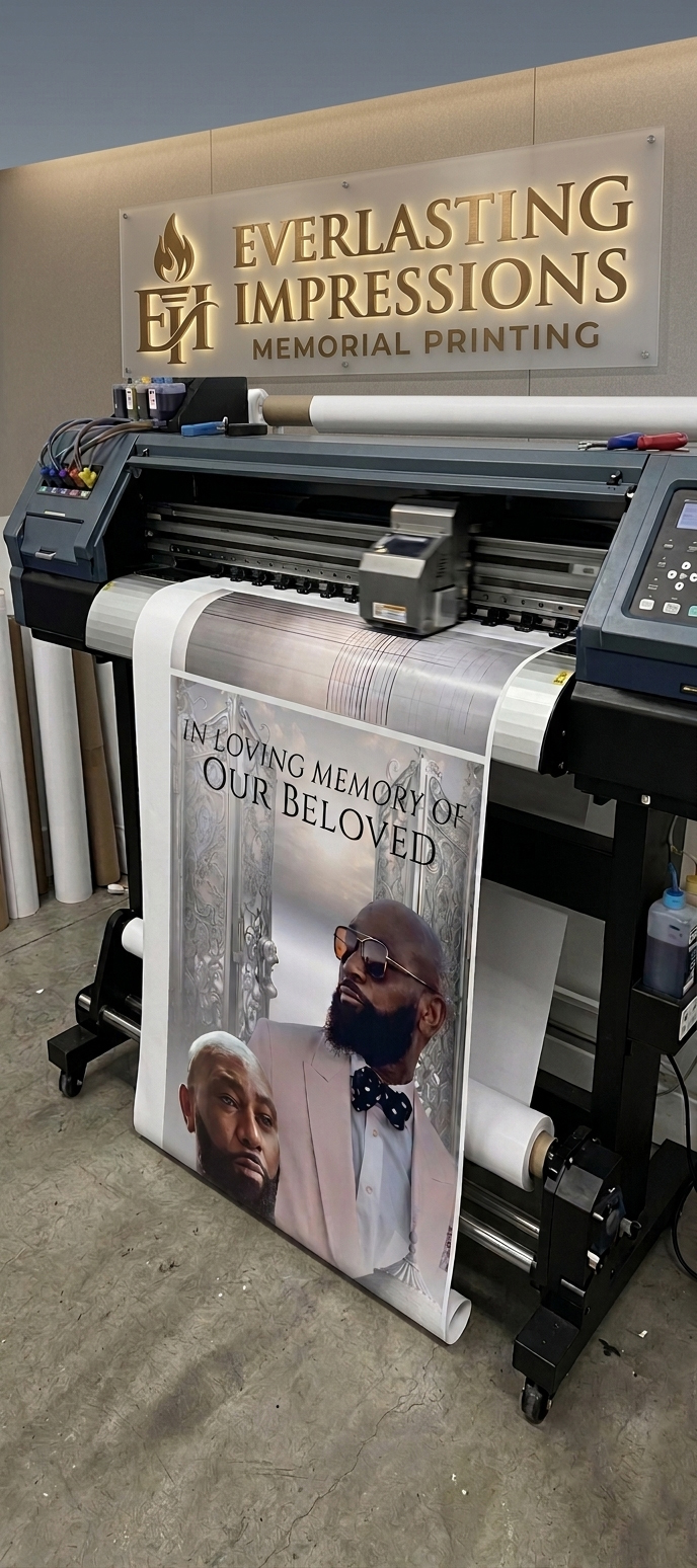 The Everlasting Impressions print shop, printing a memorial banner beneath the shop sign